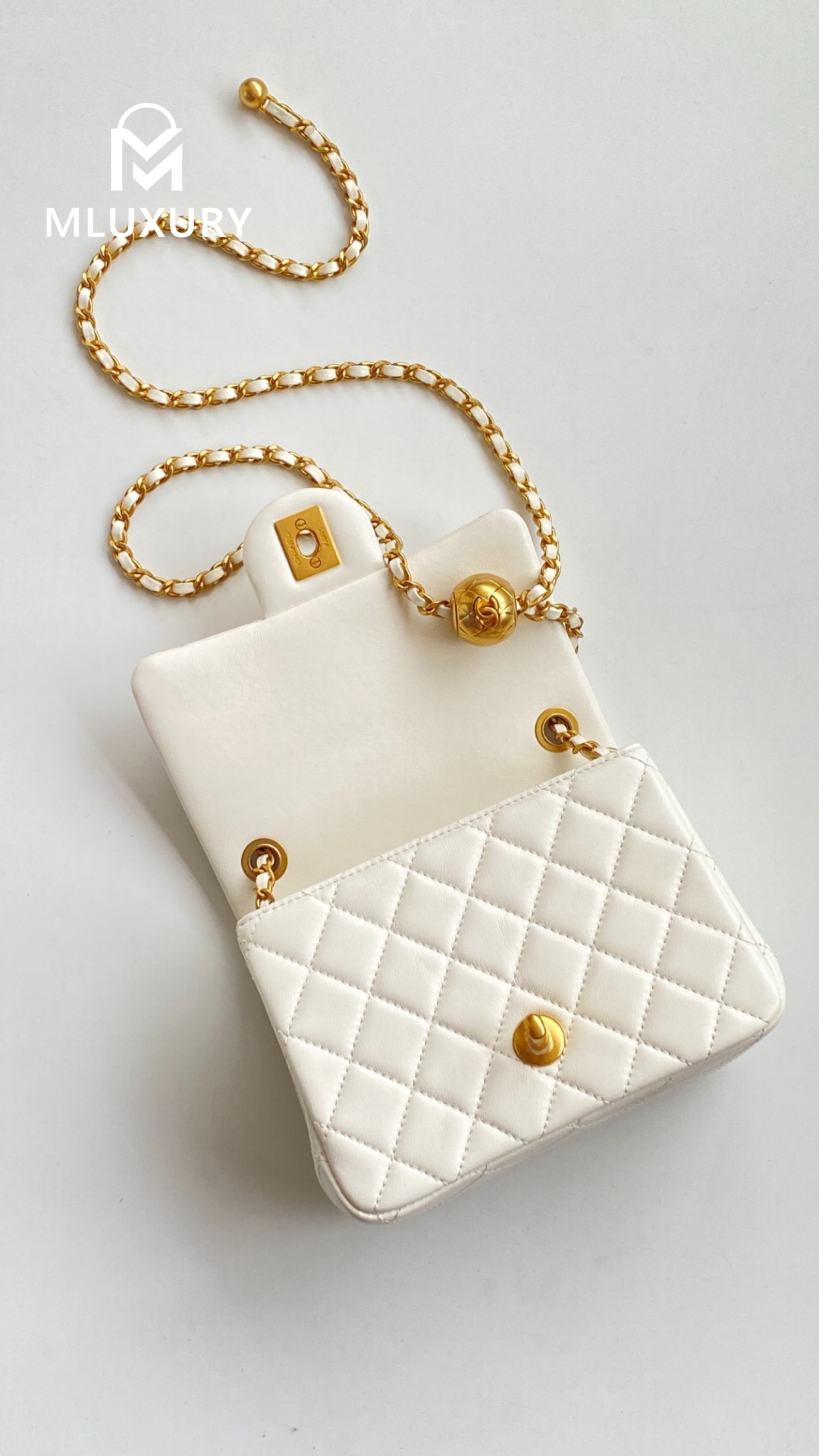CHANEL Mini Flap Bag Pearl Crush, White&Gold