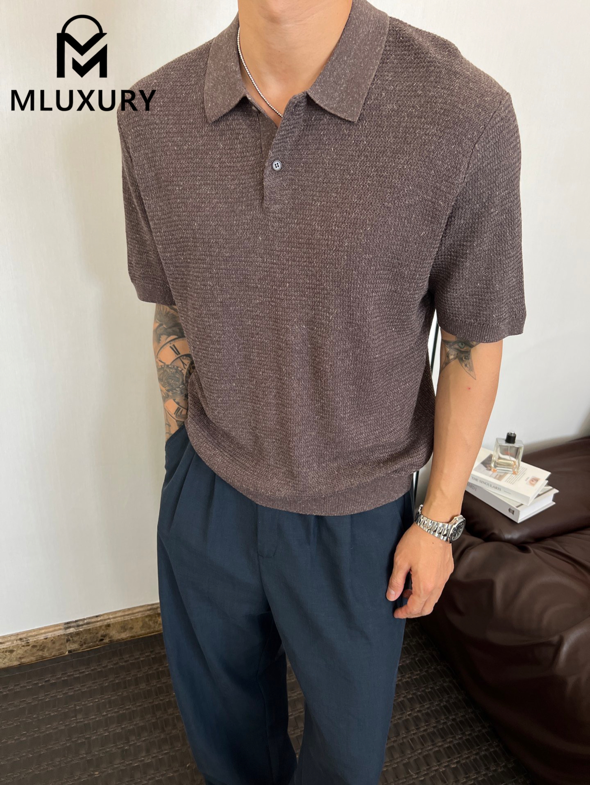 LORO PIANA Old-school style men's polo shirt Brown,Gray-blue