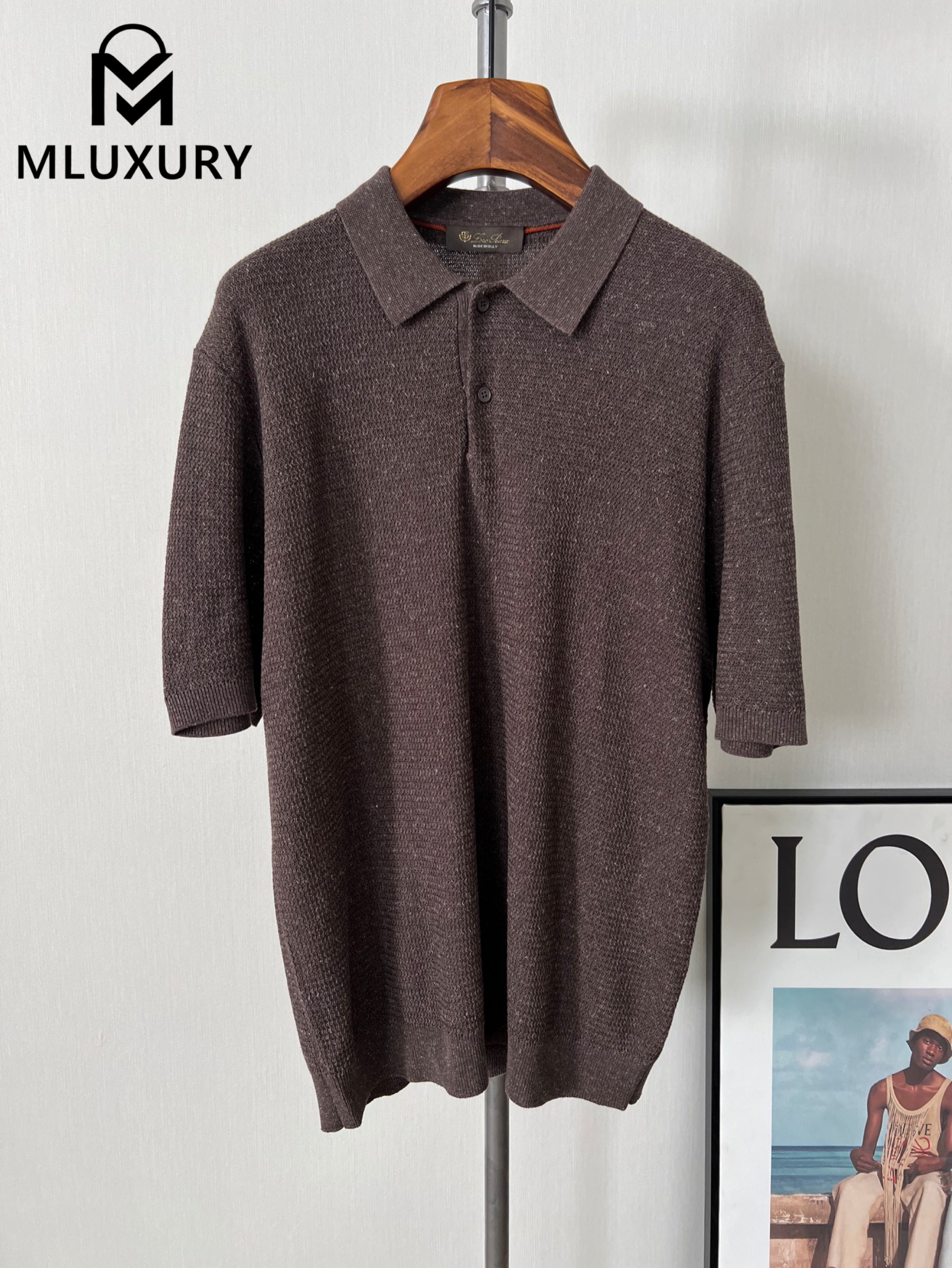 LORO PIANA Old-school style men's polo shirt Brown,Gray-blue