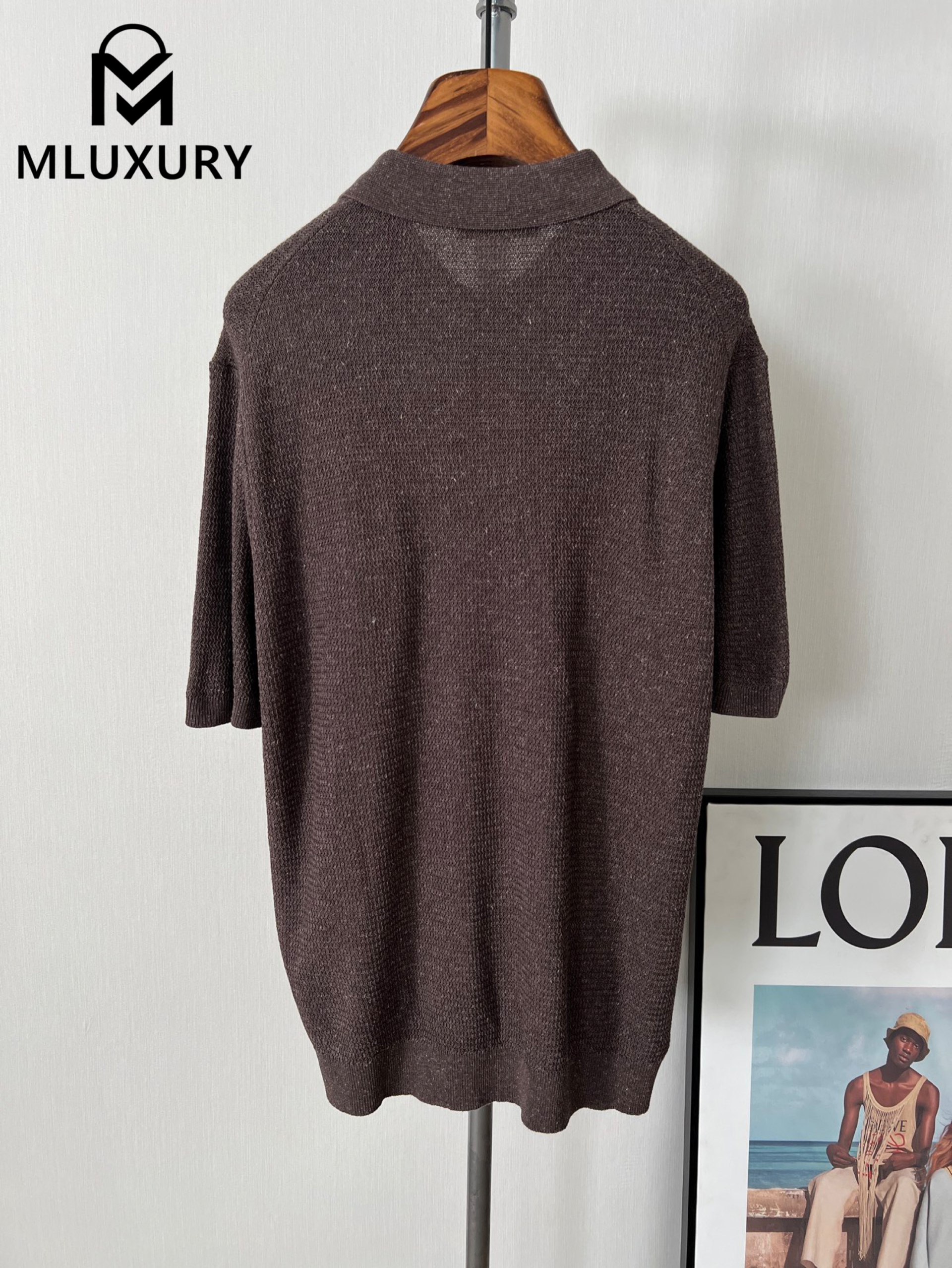LORO PIANA Old-school style men's polo shirt Brown,Gray-blue