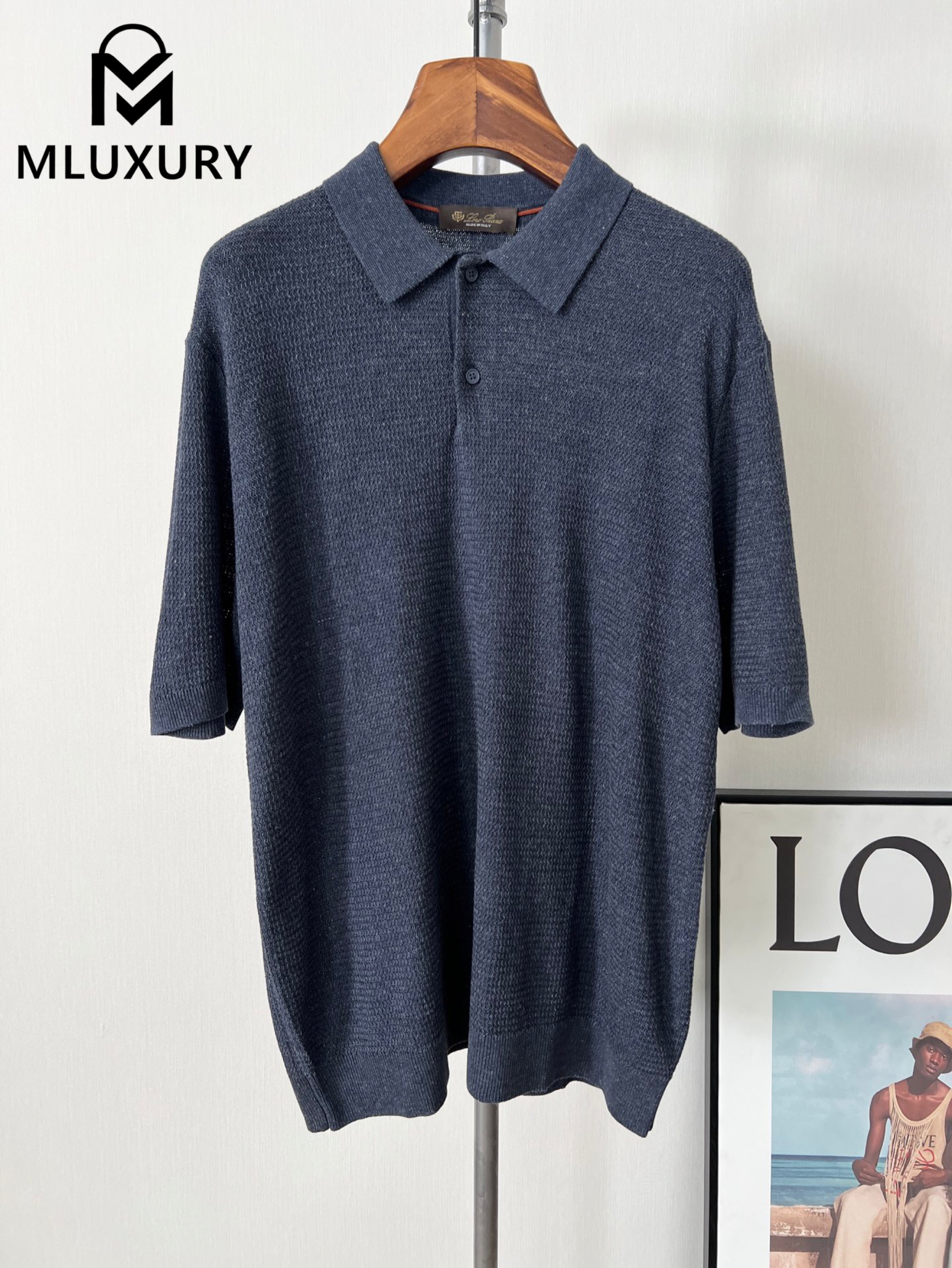 LORO PIANA Old-school style men's polo shirt Brown,Gray-blue