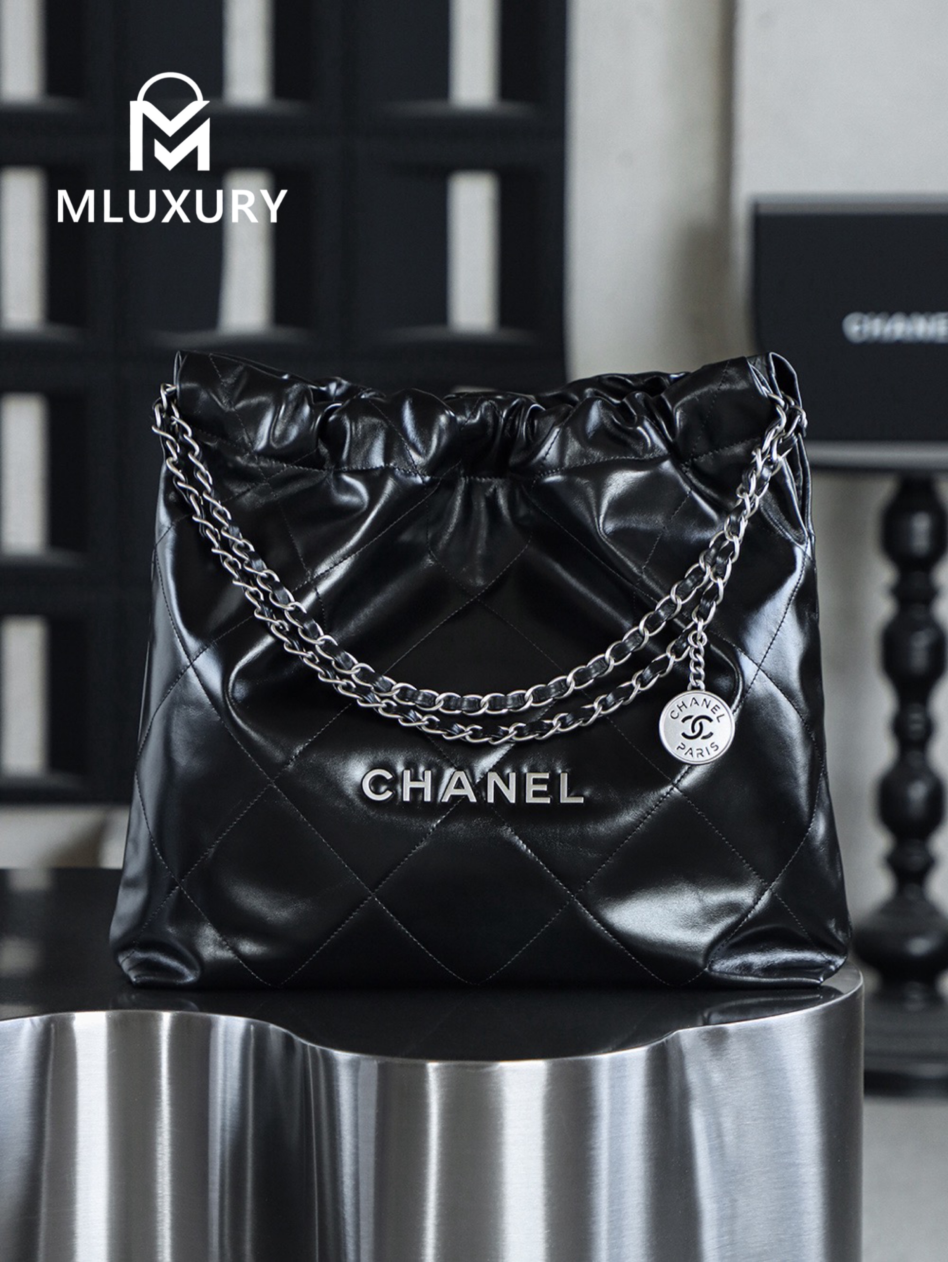 CHANEL 22 BAG (Medium), Black&Silver