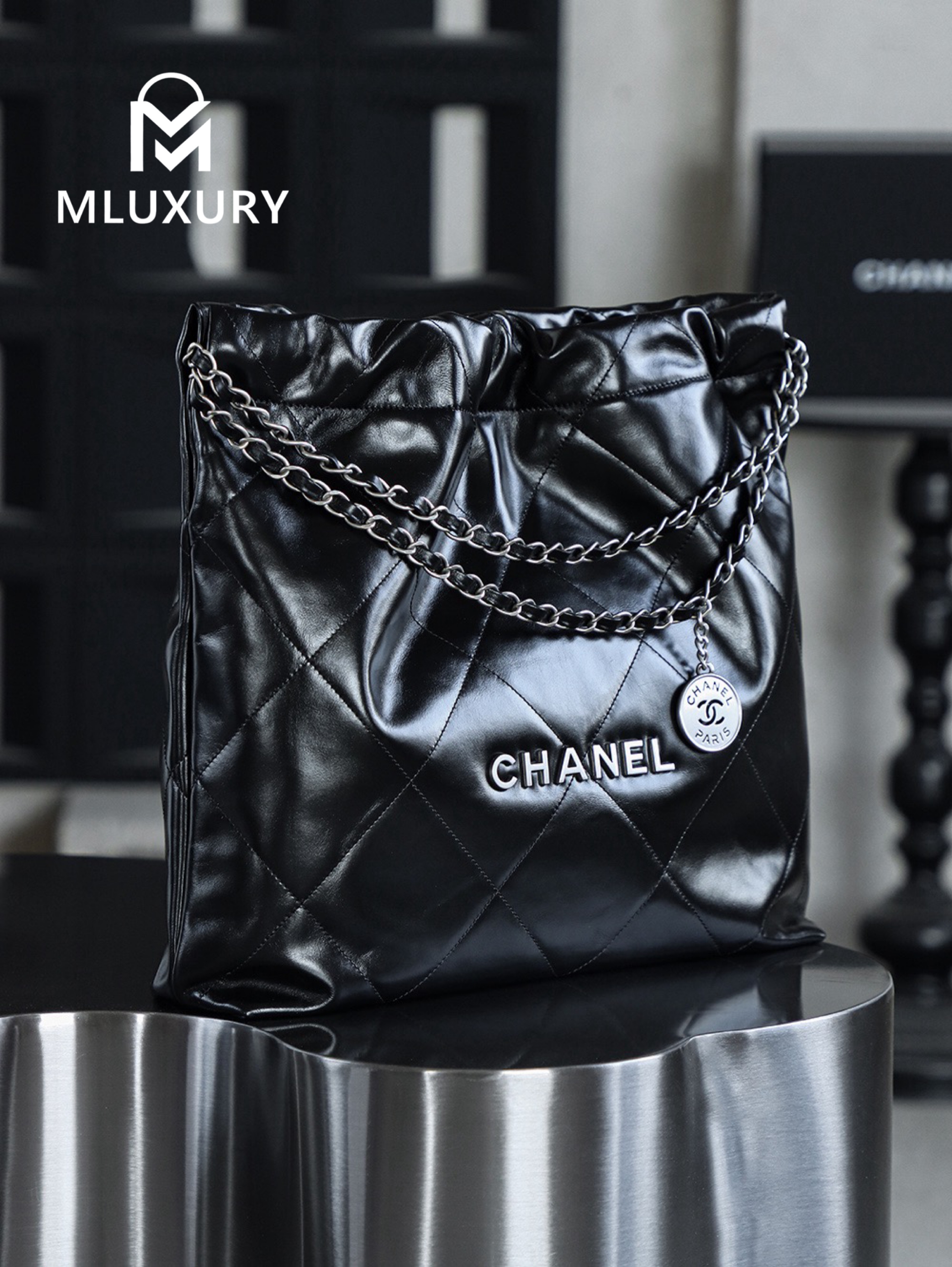 CHANEL 22 BAG (Medium), Black&Silver