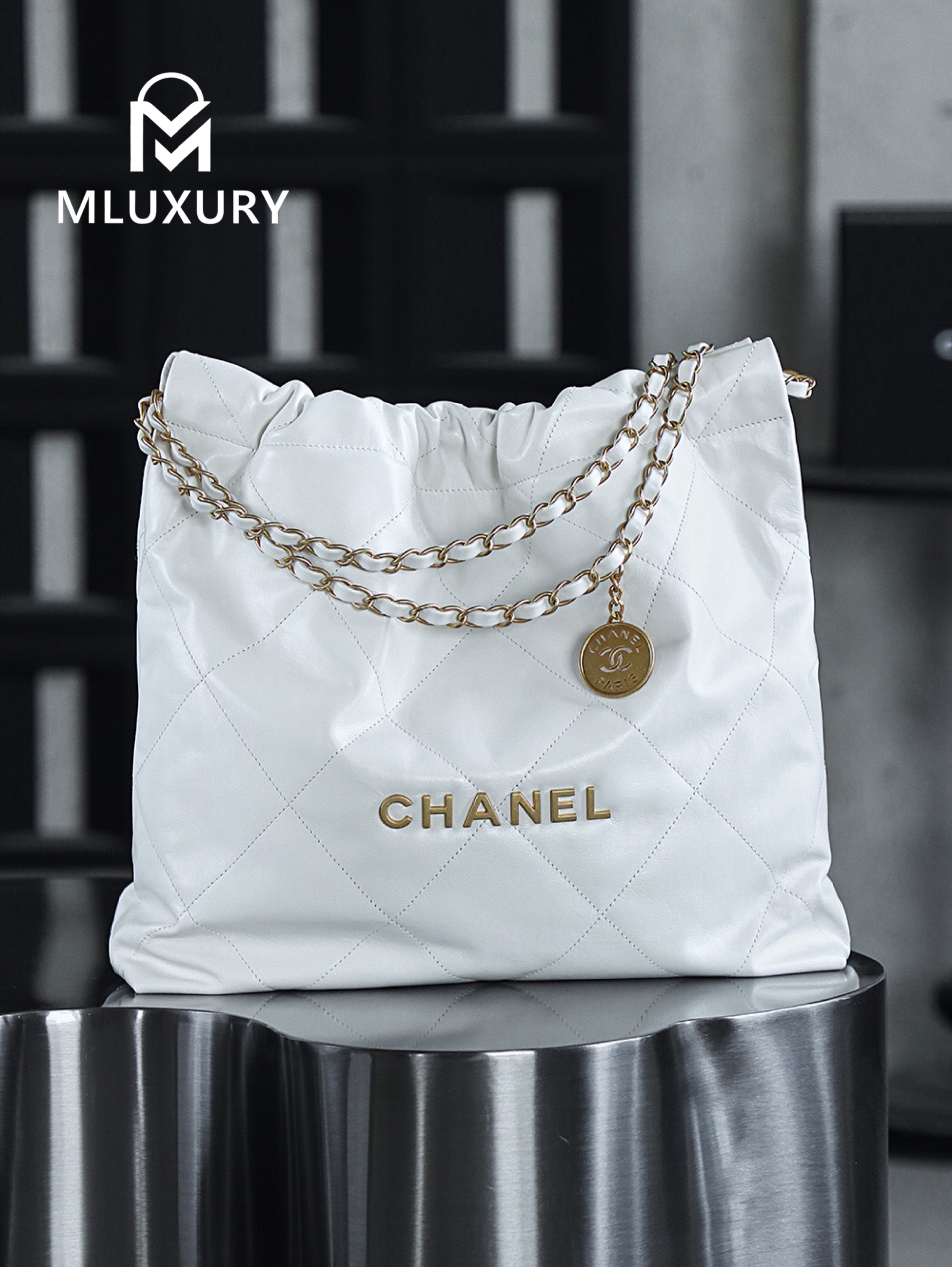CHANEL 22 BAG (Medium), White&Gold