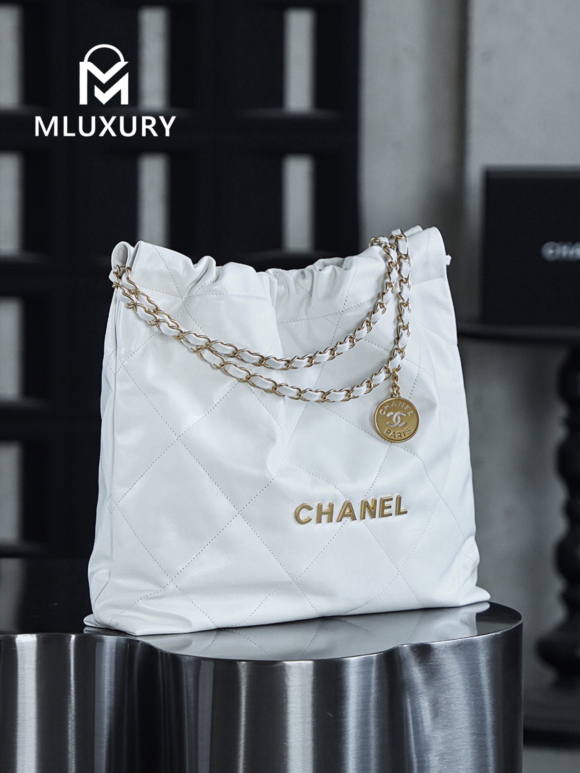 CHANEL 22 BAG (Medium), White&Gold