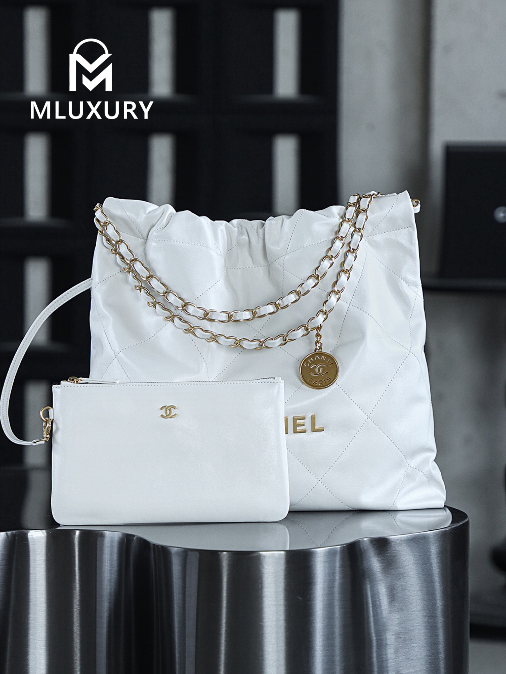 CHANEL 22 BAG (Medium), White&Gold