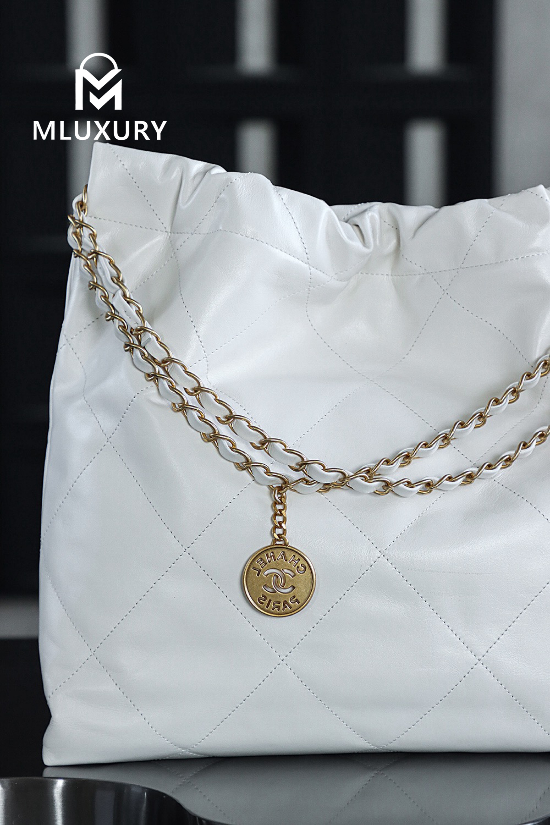 CHANEL 22 BAG (Medium), White&Gold