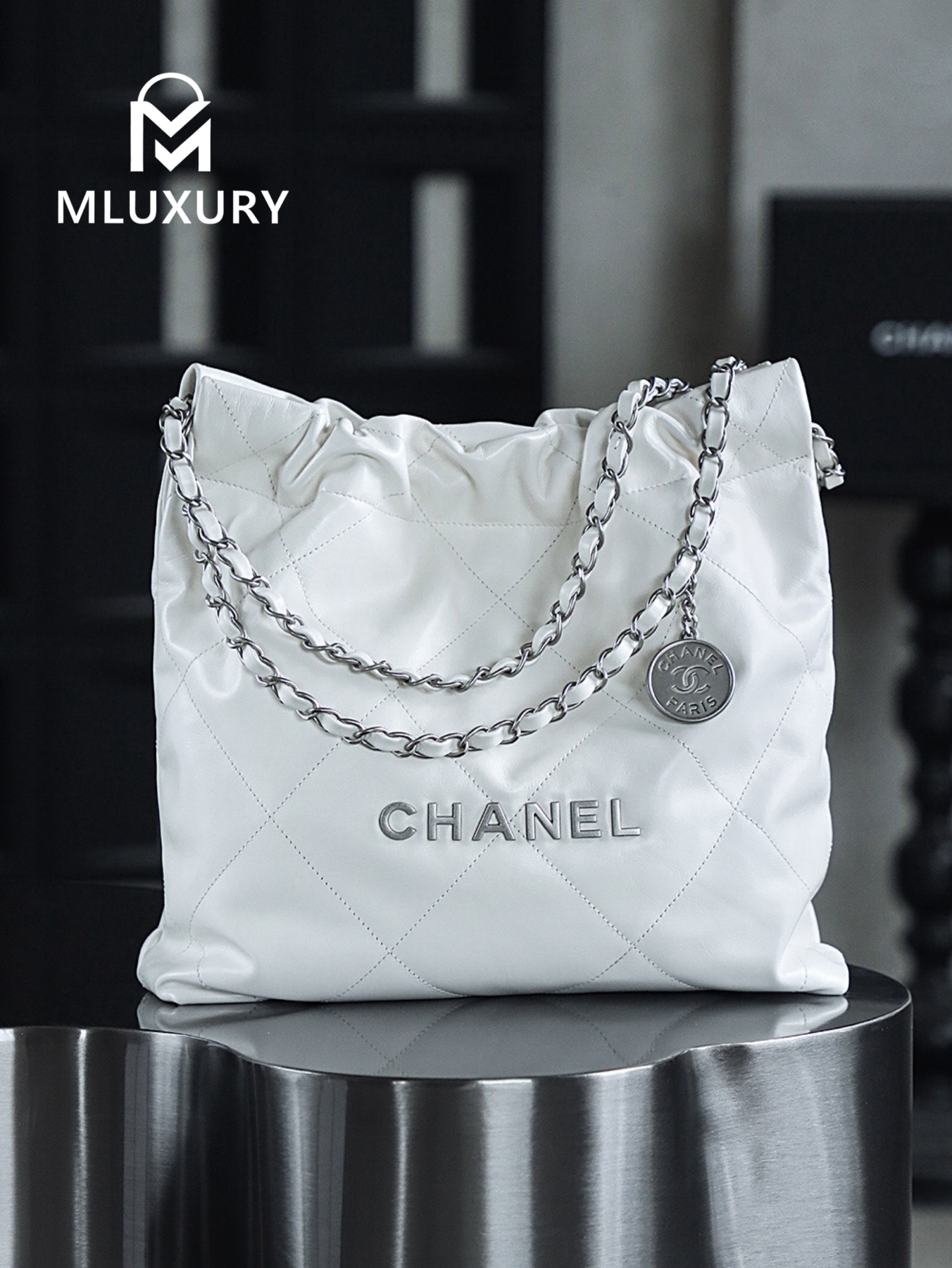 CHANEL 22 BAG (Small Size), White&Silver