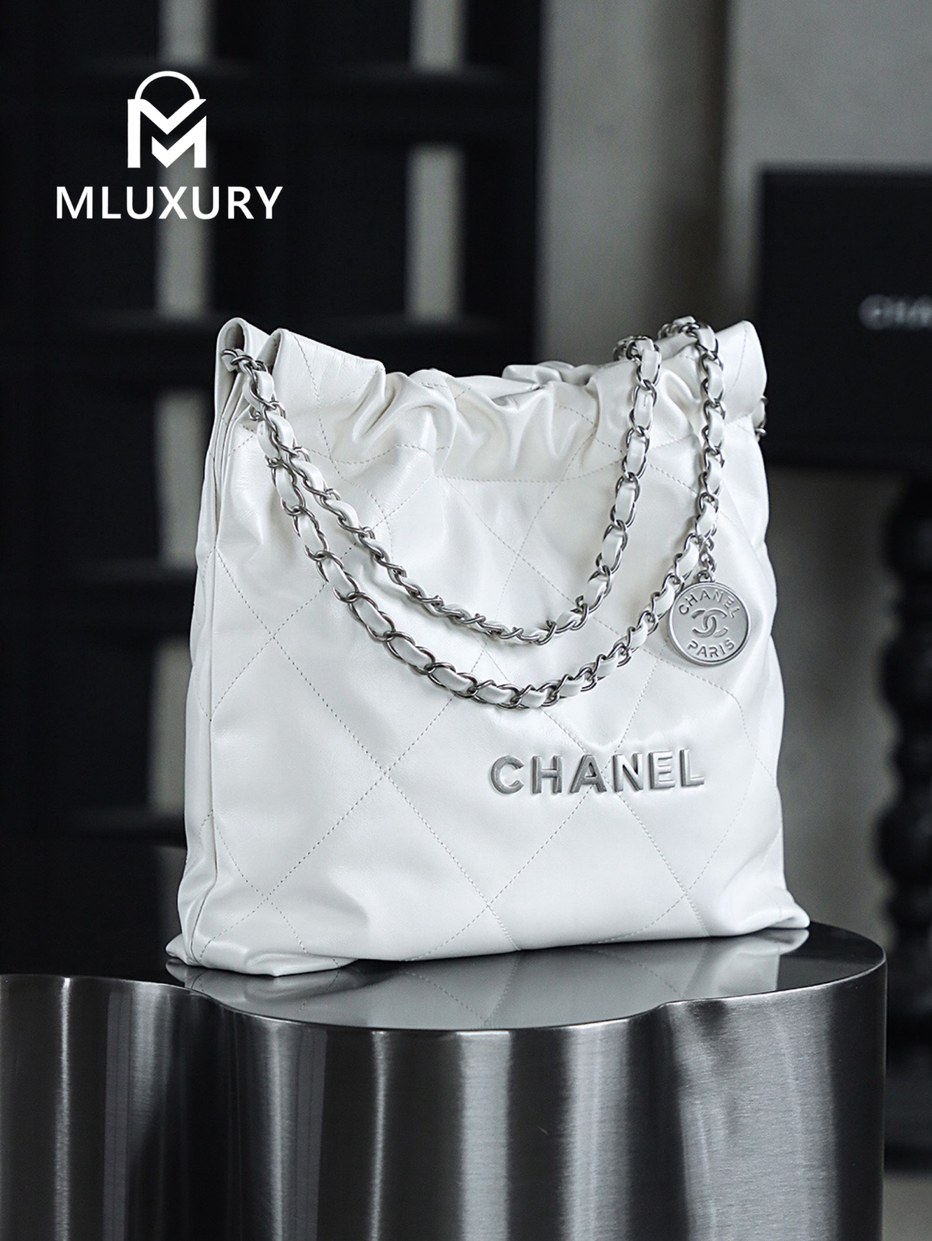 CHANEL 22 BAG (Small Size), White&Silver