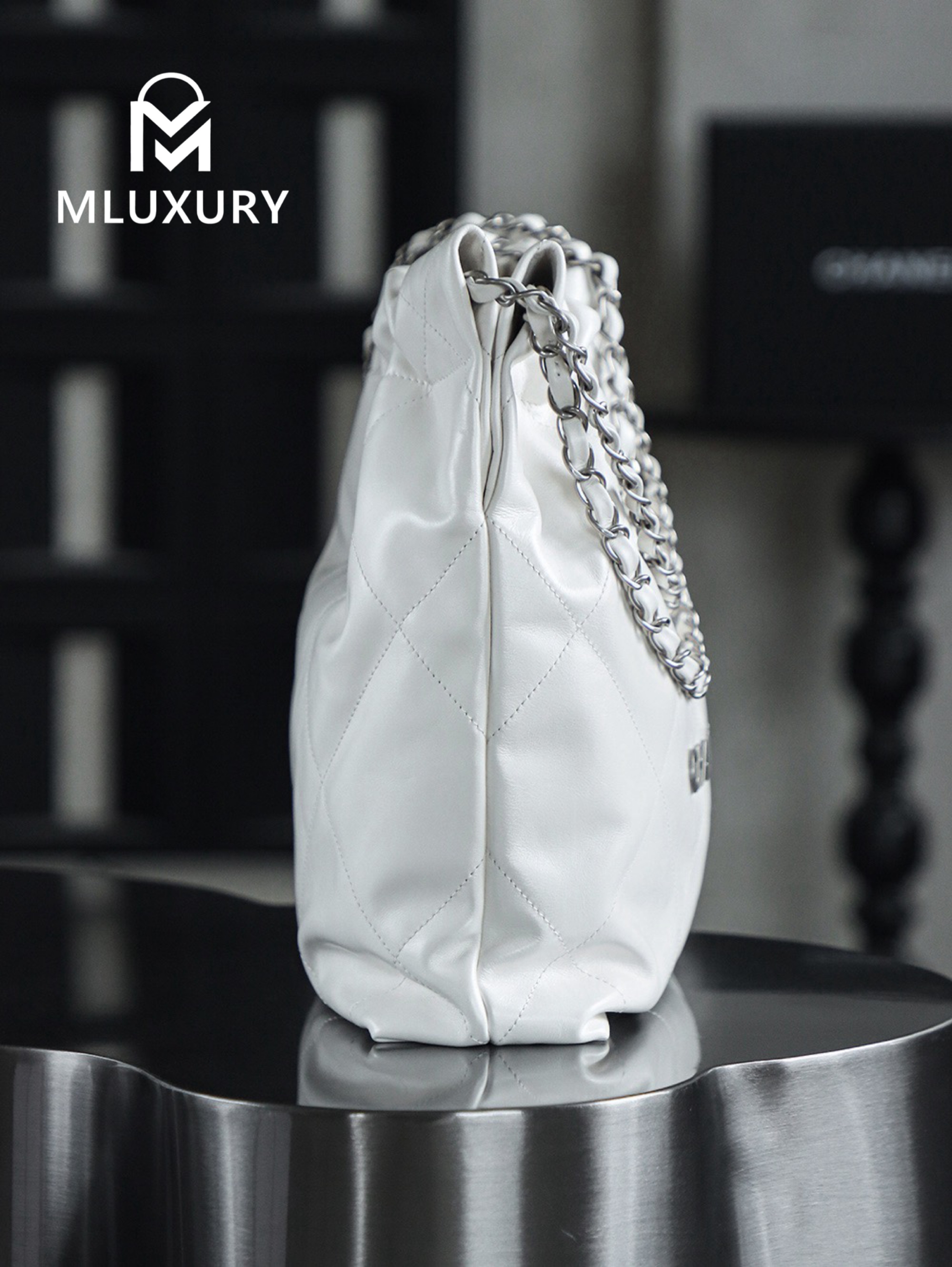 CHANEL 22 BAG (Small Size), White&Silver