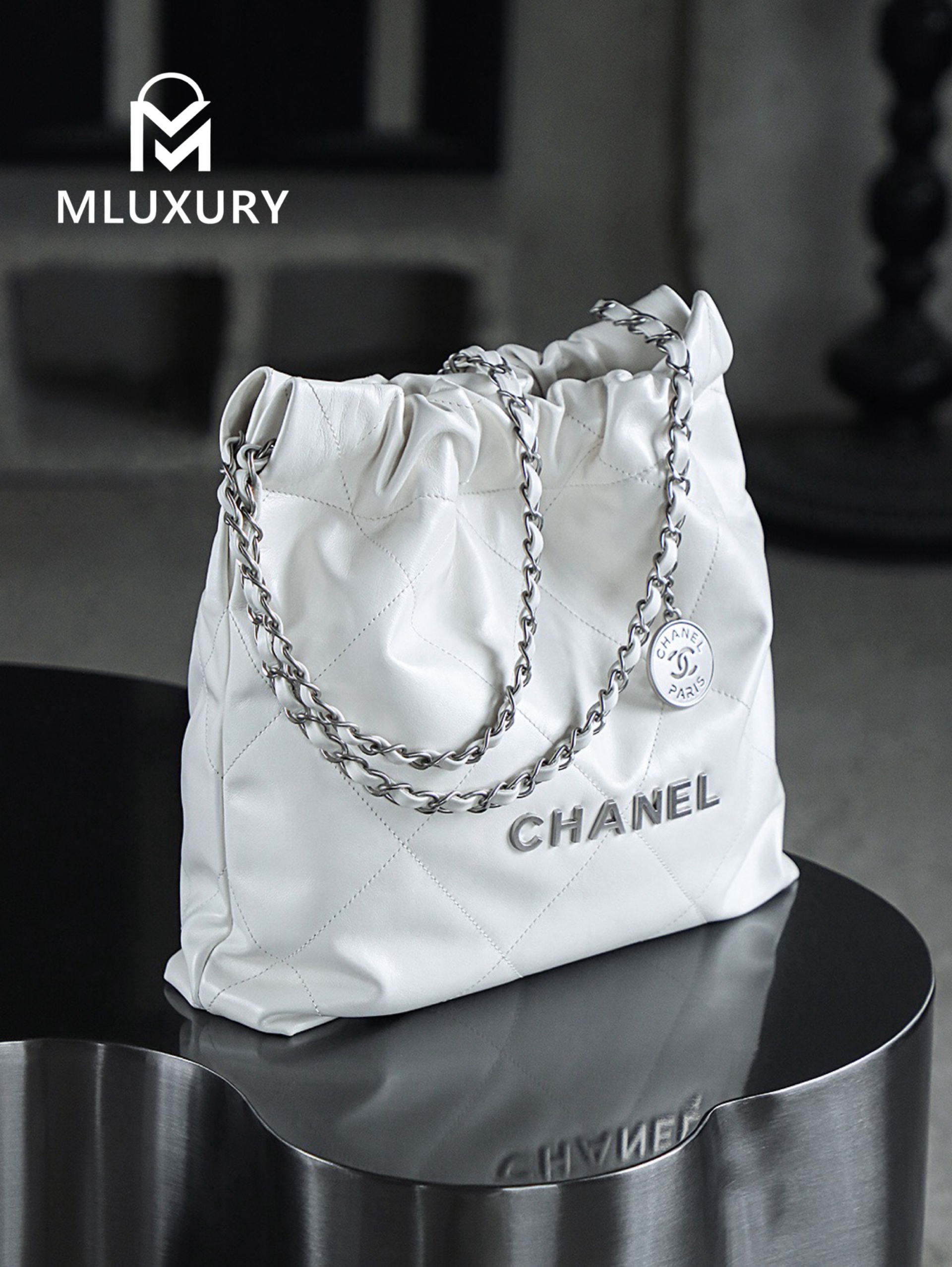 CHANEL 22 BAG (Small Size), White&Silver