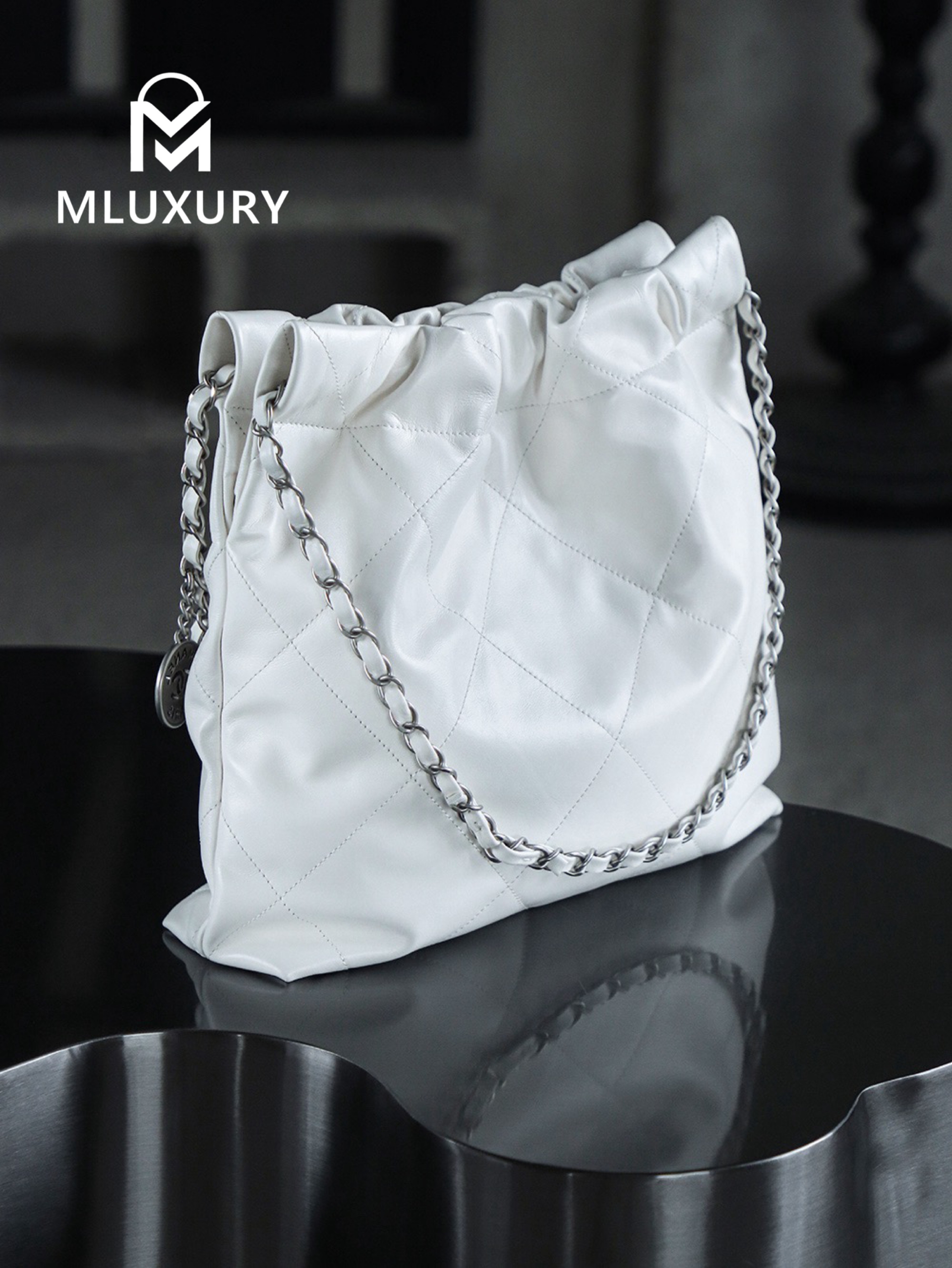 CHANEL 22 BAG (Small Size), White&Silver