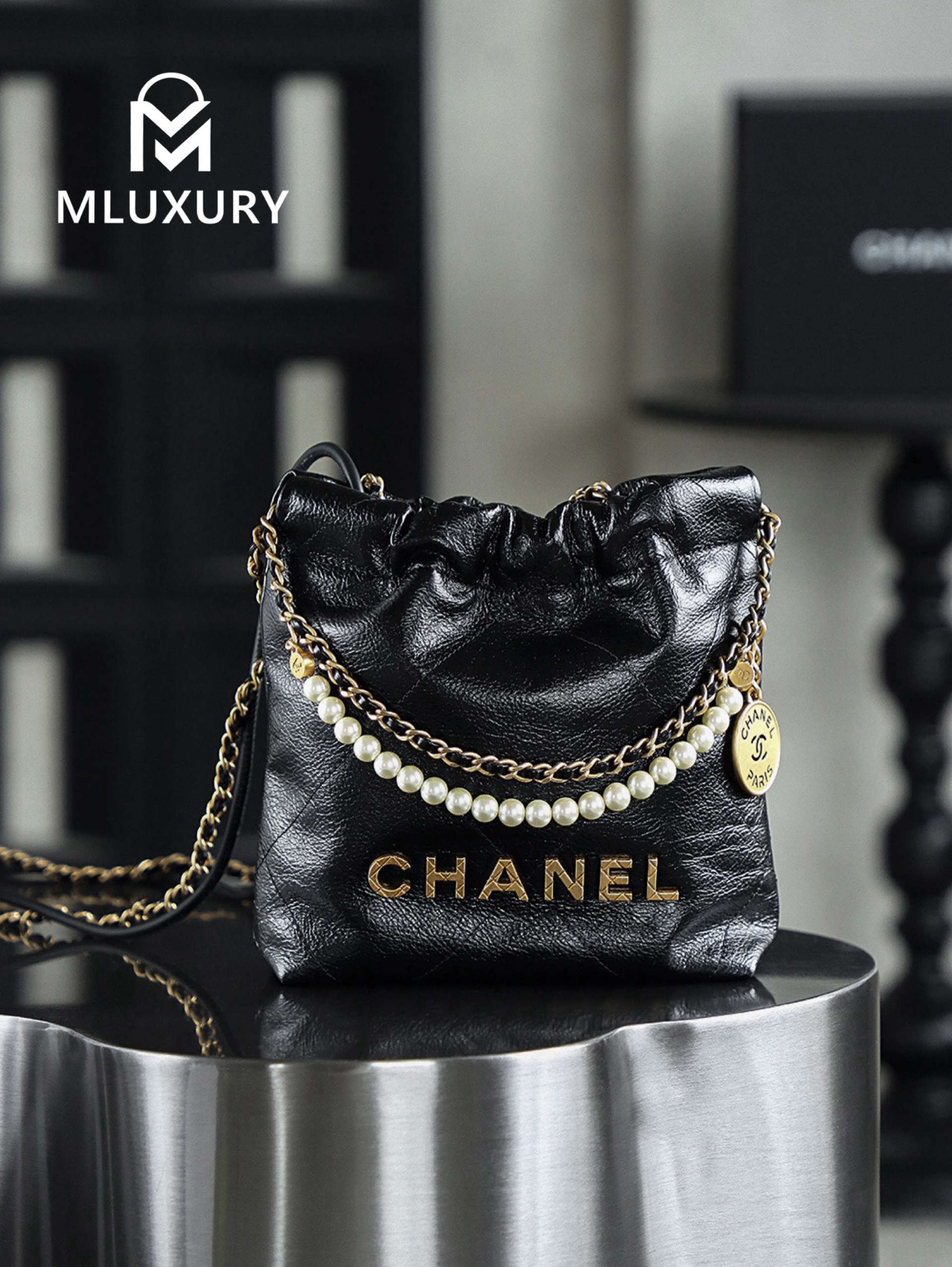 CHANEL 22 BAG (Mini), Black&Silver, Pearl Chain