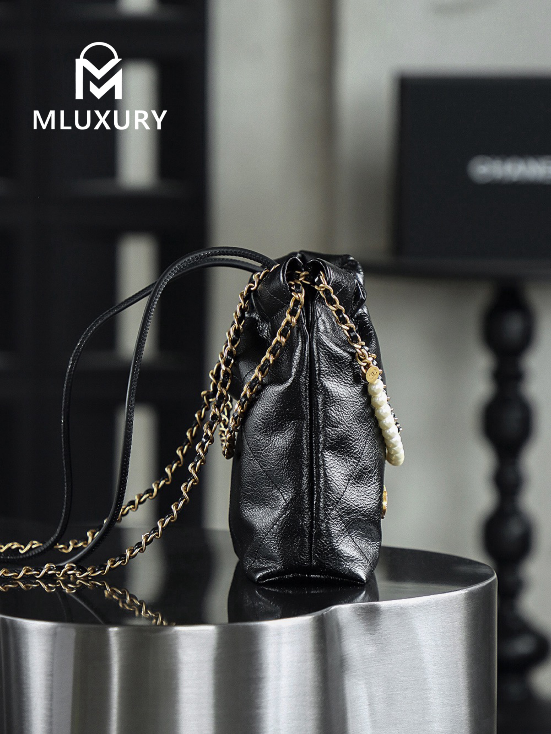 CHANEL 22 BAG (Mini), Black&Silver, Pearl Chain