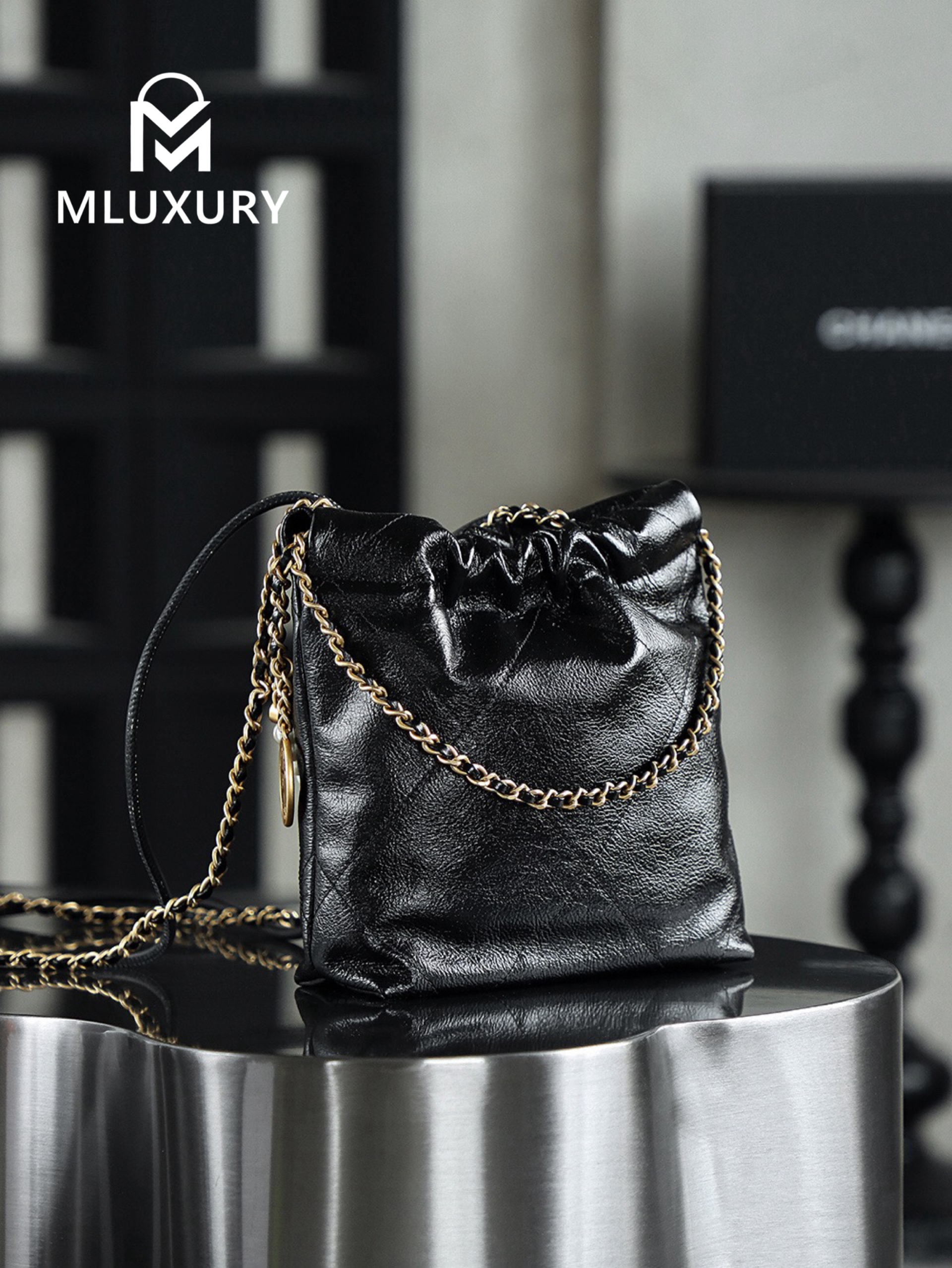 CHANEL 22 BAG (Mini), Black&Silver, Pearl Chain