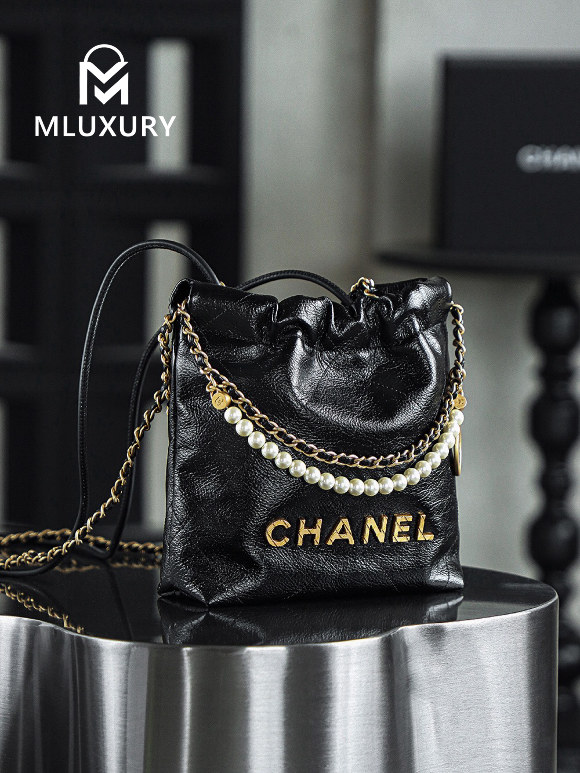 CHANEL 22 BAG (Mini), Black&Silver, Pearl Chain
