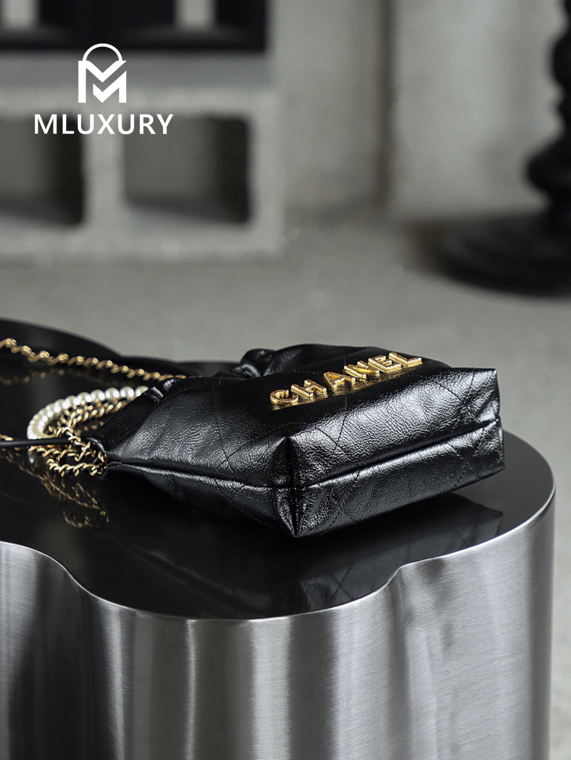 CHANEL 22 BAG (Mini), Black&Silver, Pearl Chain