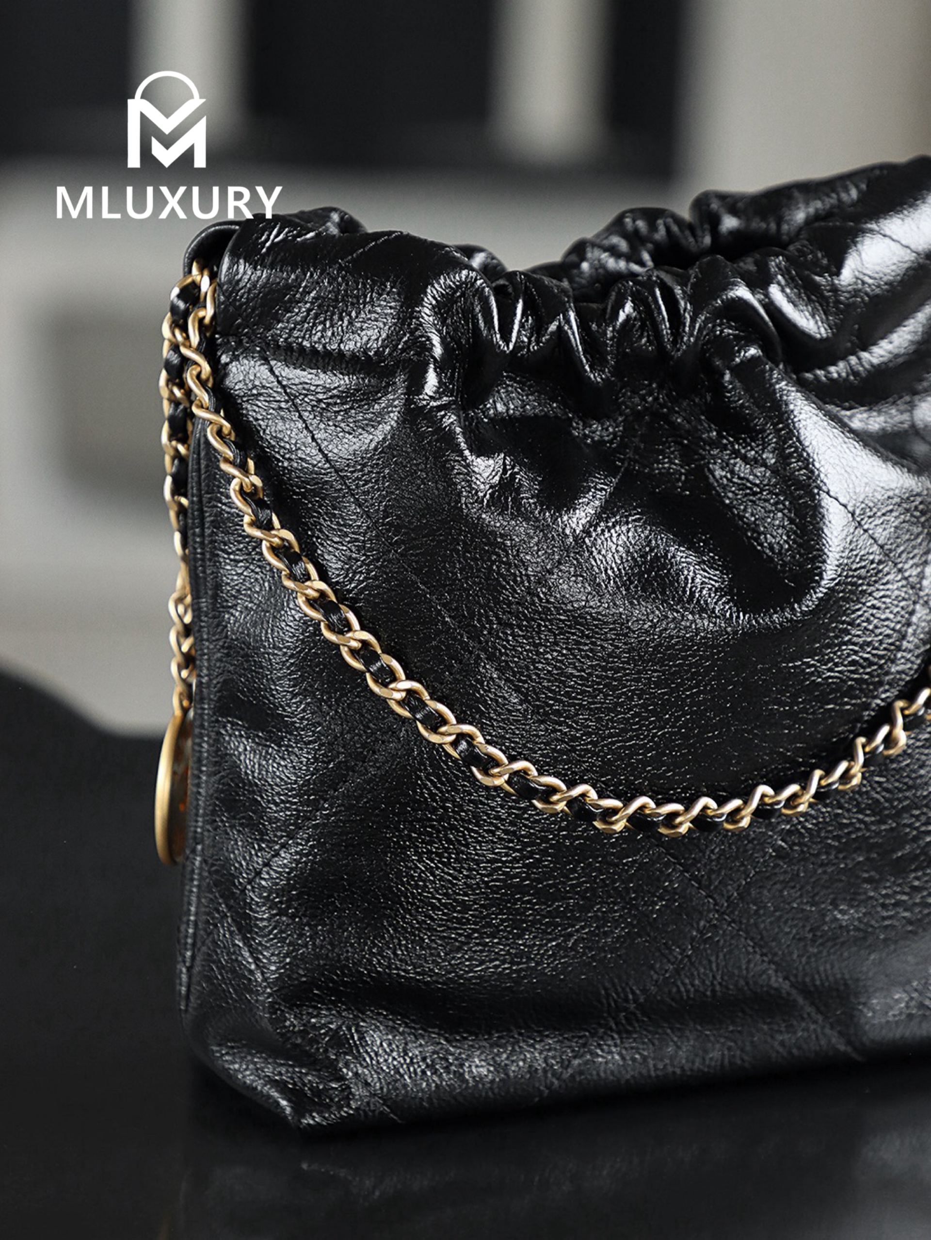 CHANEL 22 BAG (Mini), Black&Silver, Pearl Chain