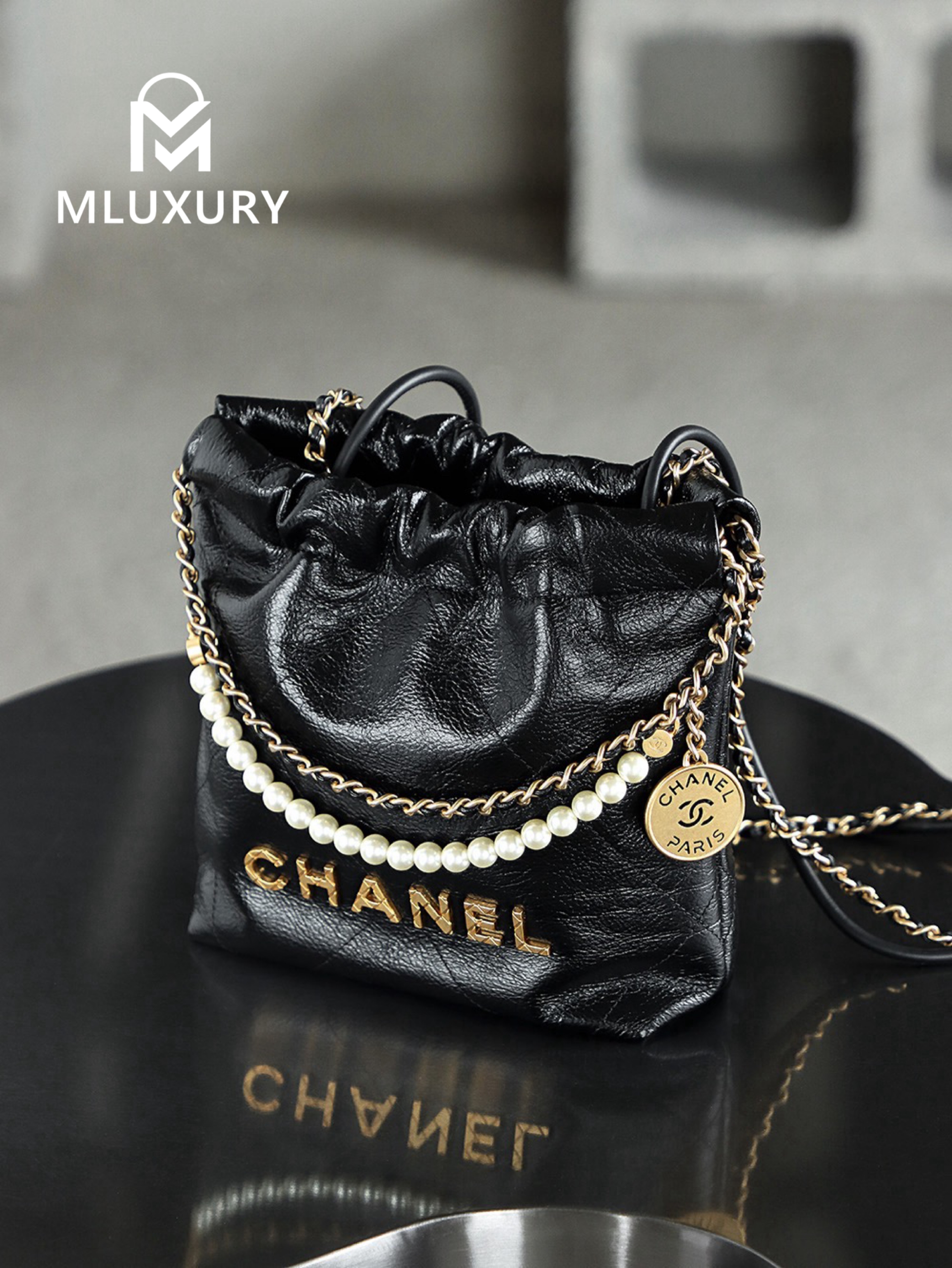 CHANEL 22 BAG (Mini), Black&Silver, Pearl Chain