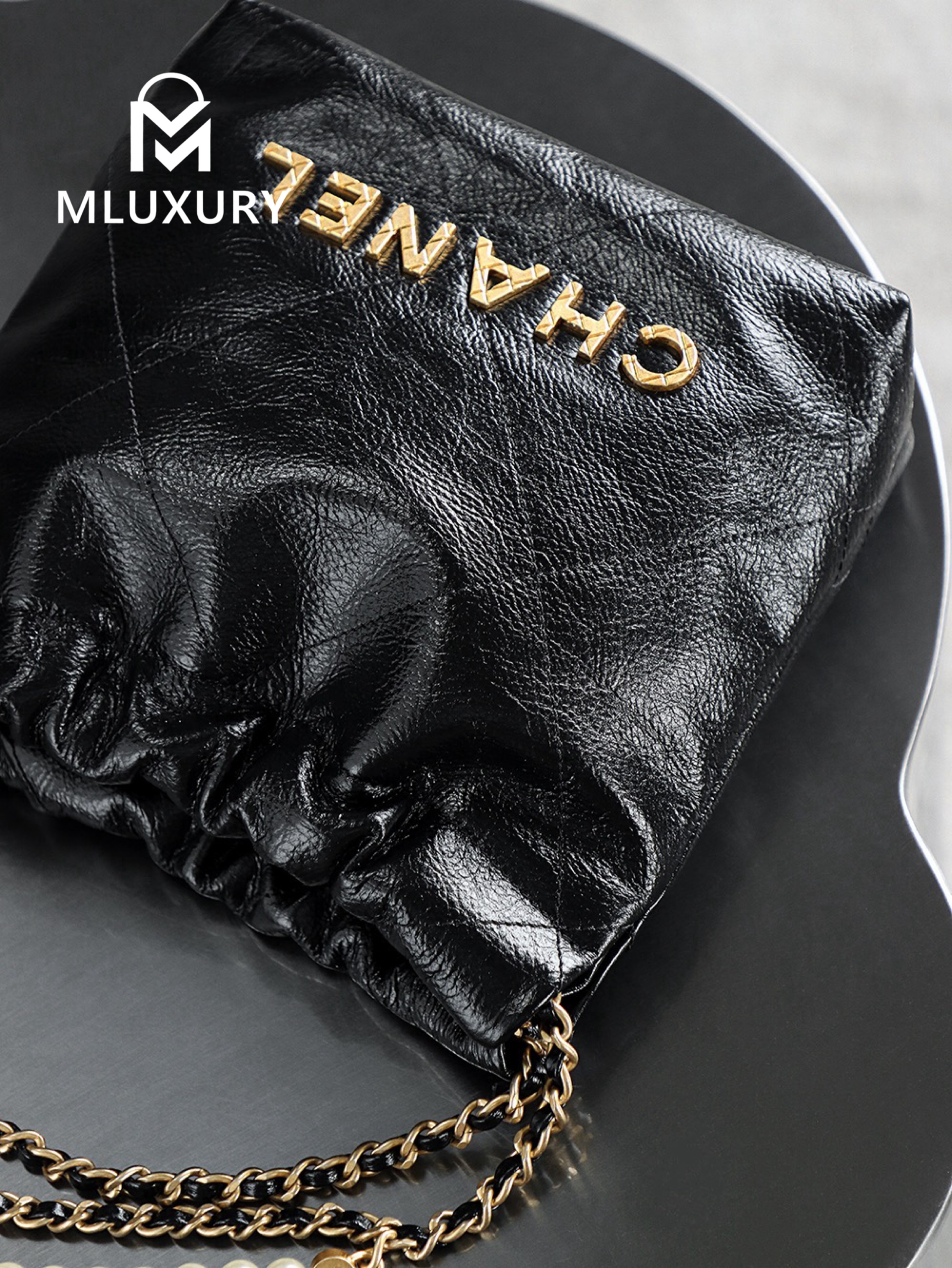 CHANEL 22 BAG (Mini), Black&Silver, Pearl Chain
