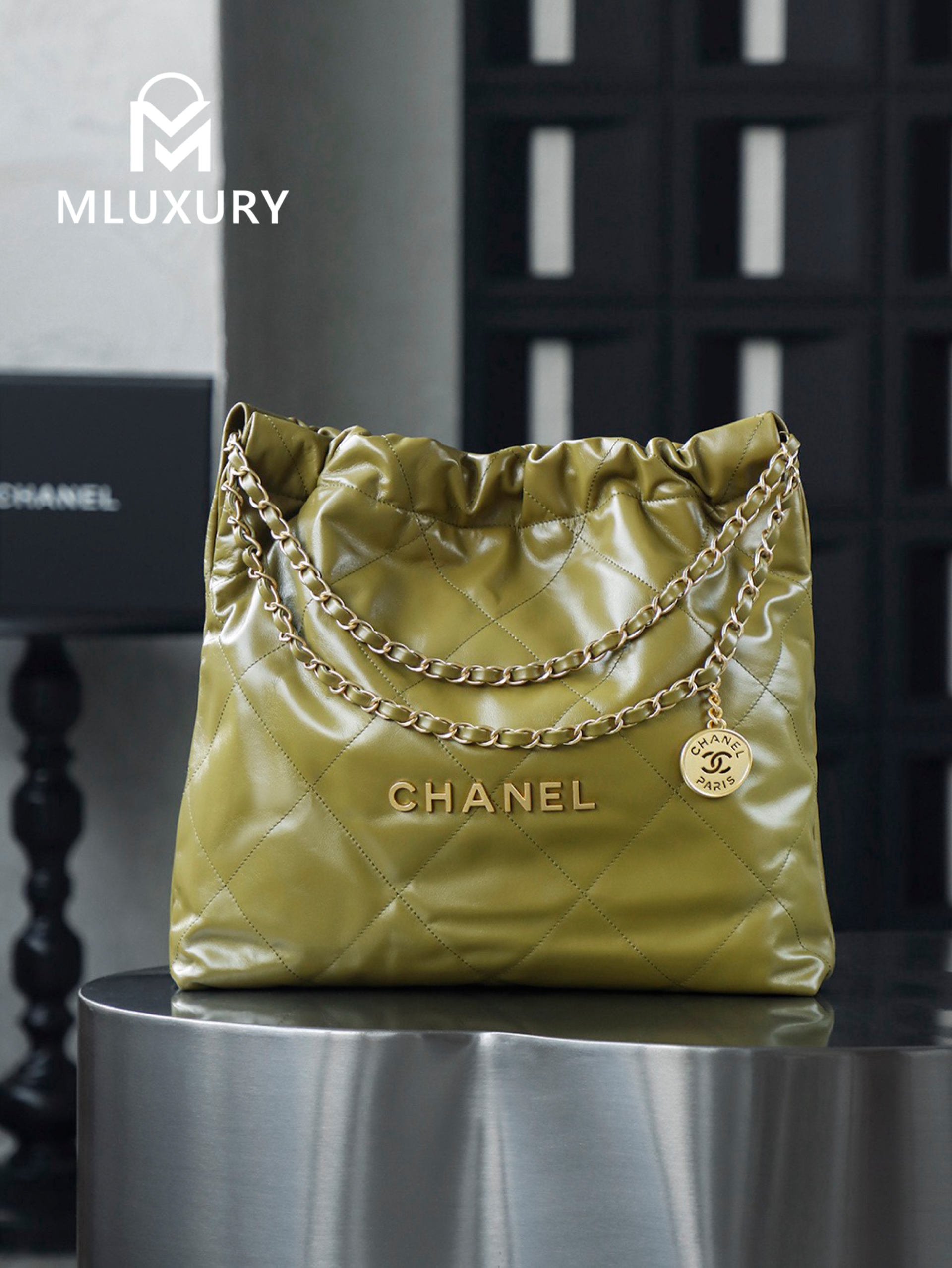 CHANEL 22 BAG (Medium), Green&Gold