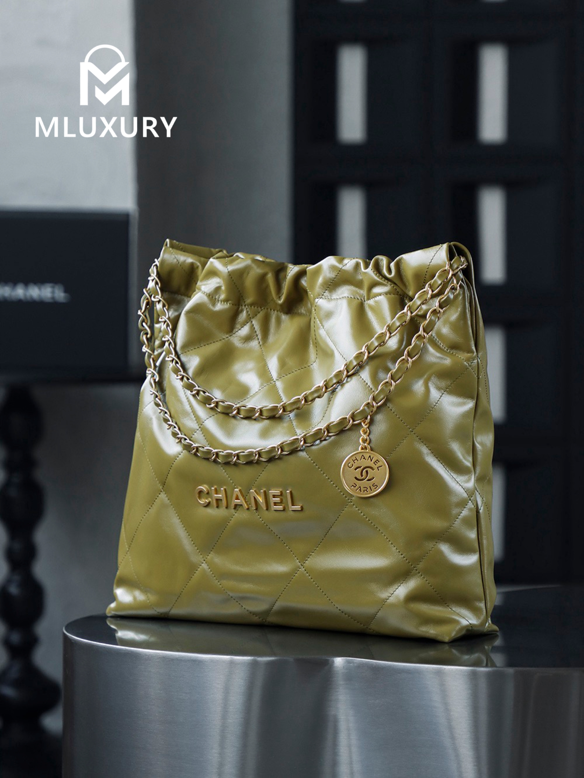 CHANEL 22 BAG (Medium), Green&Gold